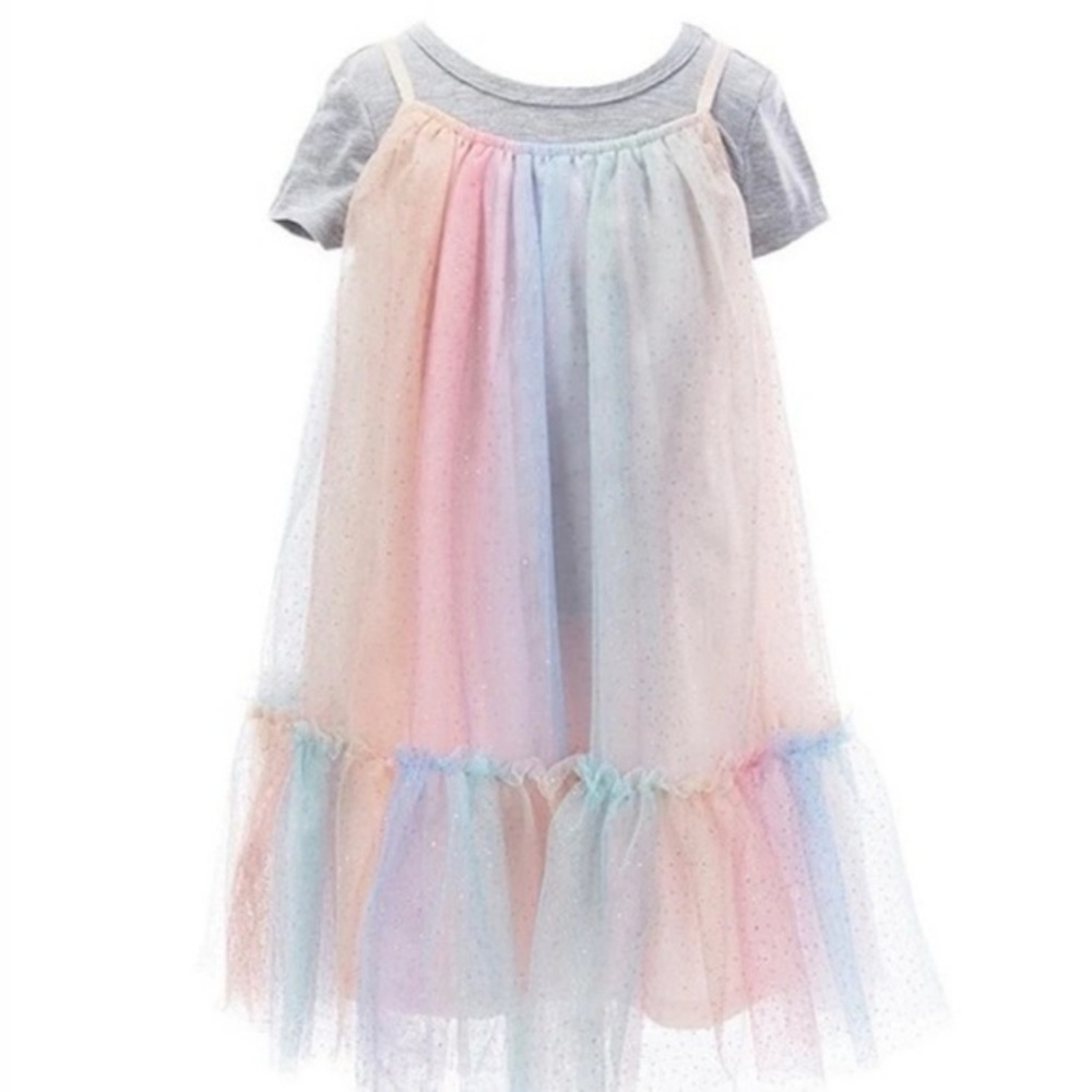 Zunie Tshirt dress with pastel rainbow tulle overlay toddler girls size 3